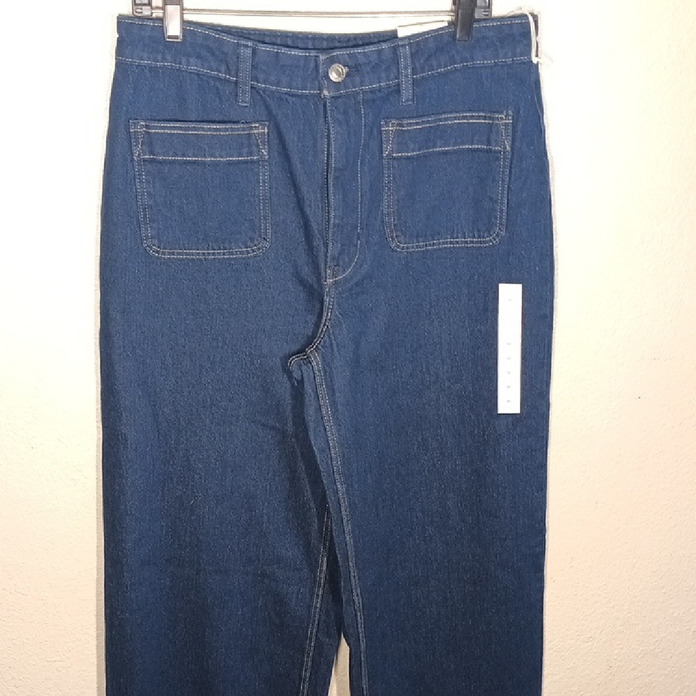 Indigo Blue Flare Wide Leg Jeans with Gold Stitching